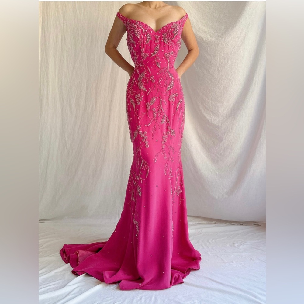 Vintage Hot Pink Silk Beaded Gown